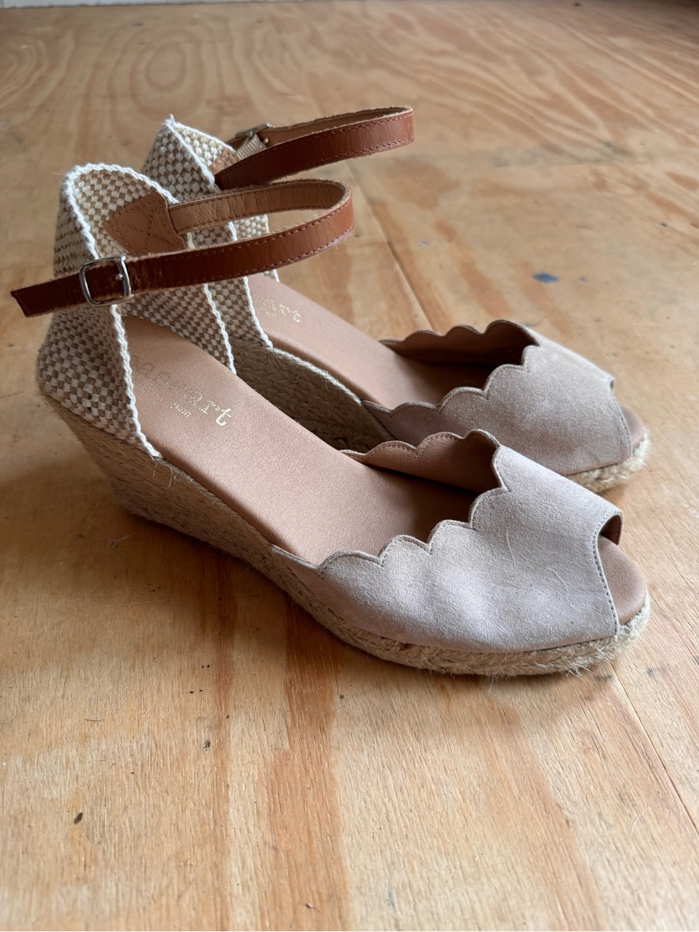 Scalloped Espadrille Wedge Sandals in Beige with Brown Ankle Strap